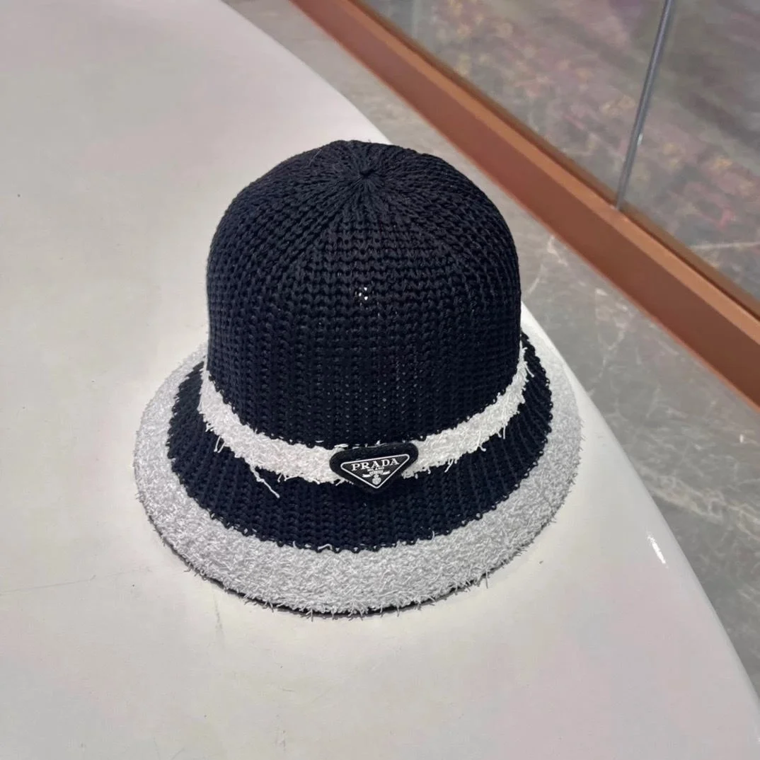 프라다 배색 블랙 니트 버킷 햇