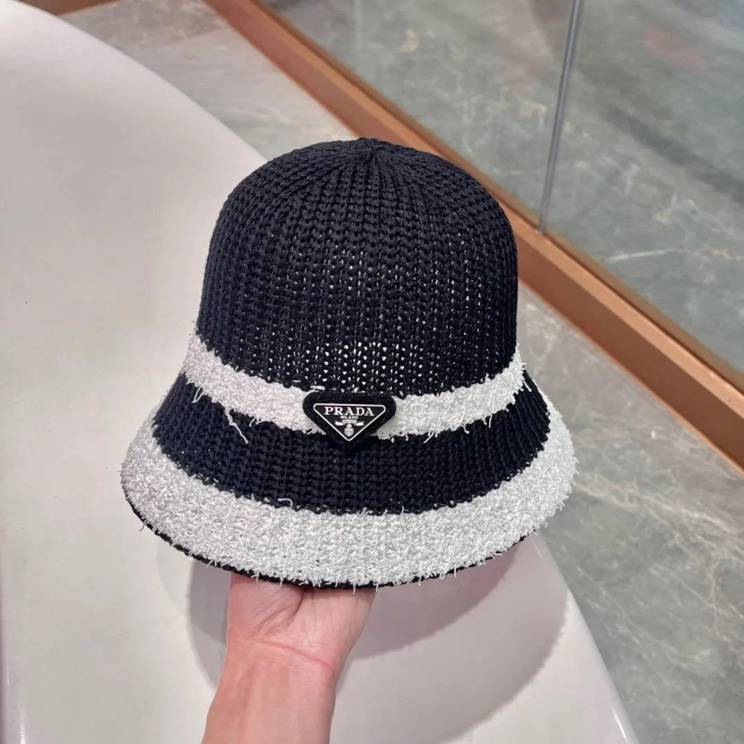 프라다 배색 블랙 니트 버킷 햇