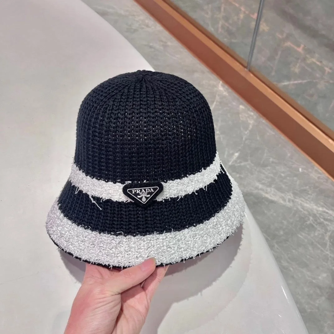 프라다 배색 블랙 니트 버킷 햇