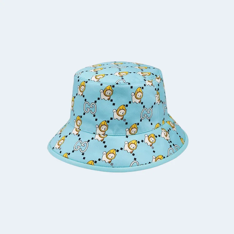 구찌 카와이 애니멀 프린트 블루 코튼 버킷 햇