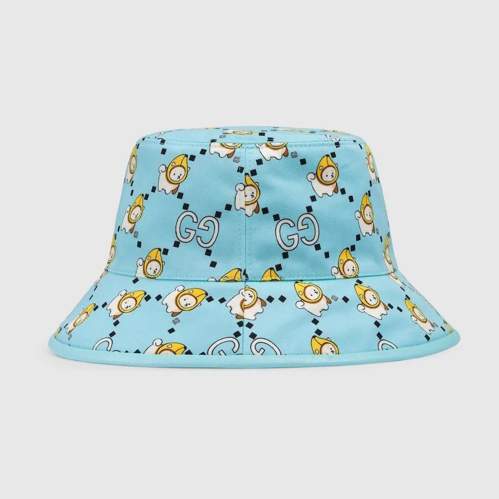 구찌 카와이 애니멀 프린트 블루 코튼 버킷 햇