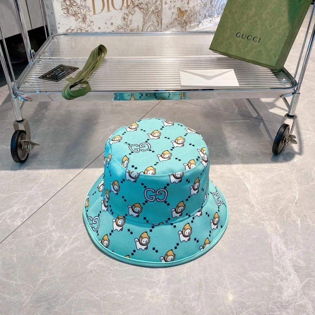 구찌 카와이 애니멀 프린트 블루 코튼 버킷 햇