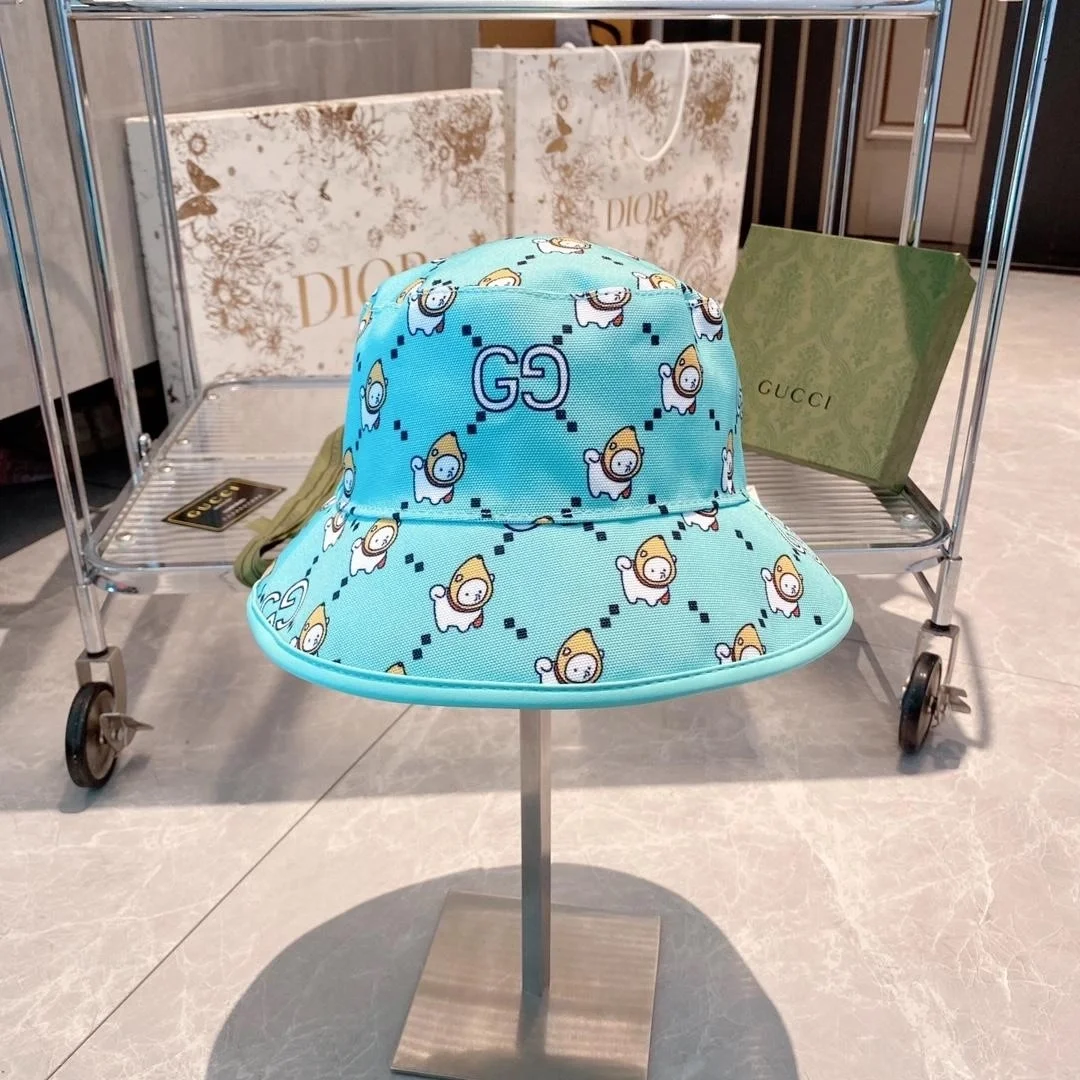 구찌 카와이 애니멀 프린트 블루 코튼 버킷 햇