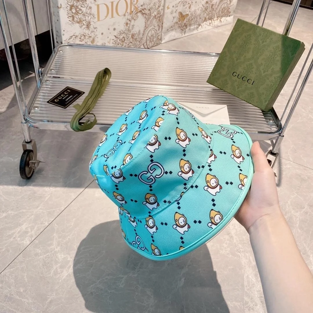 구찌 카와이 애니멀 프린트 블루 코튼 버킷 햇