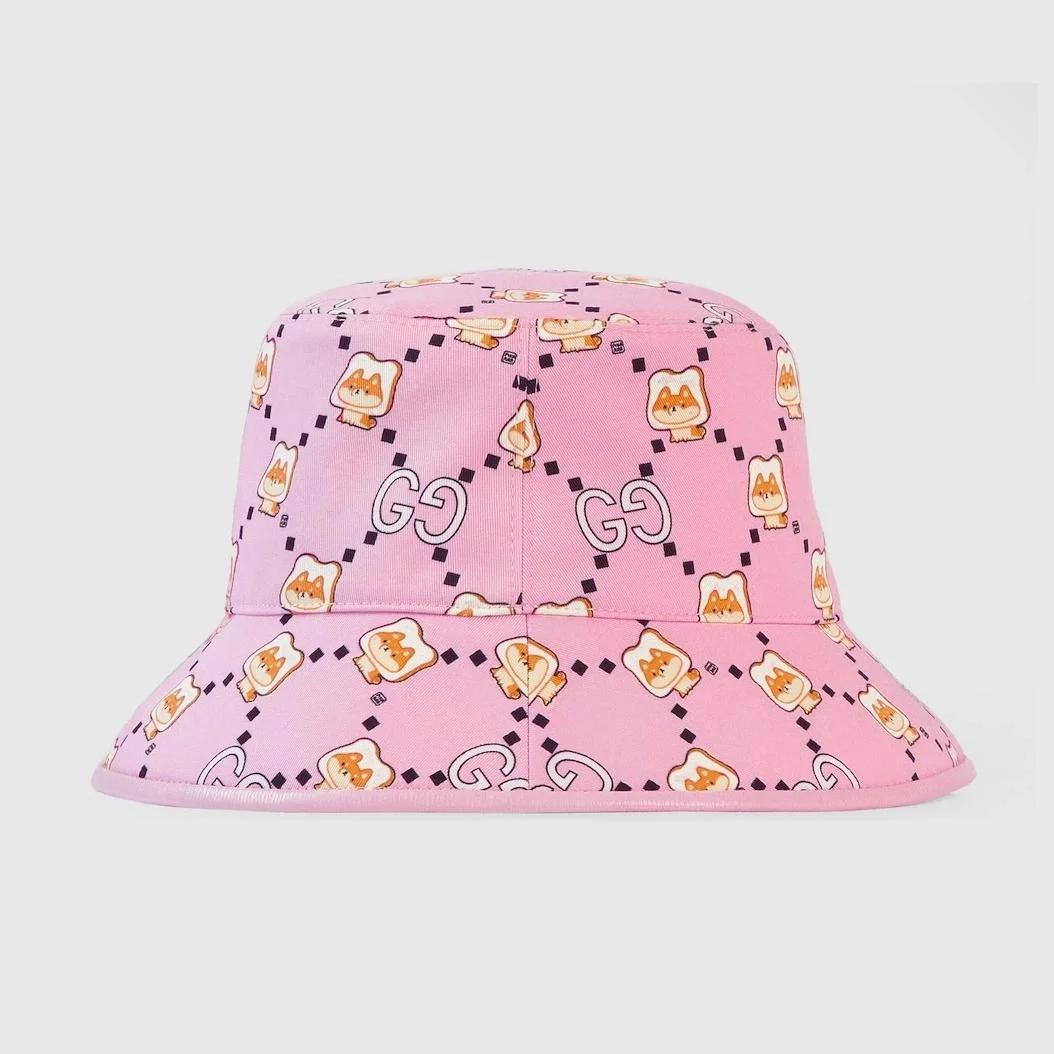 구찌 카와이 애니멀 프린트 핑크 코튼 버킷 햇