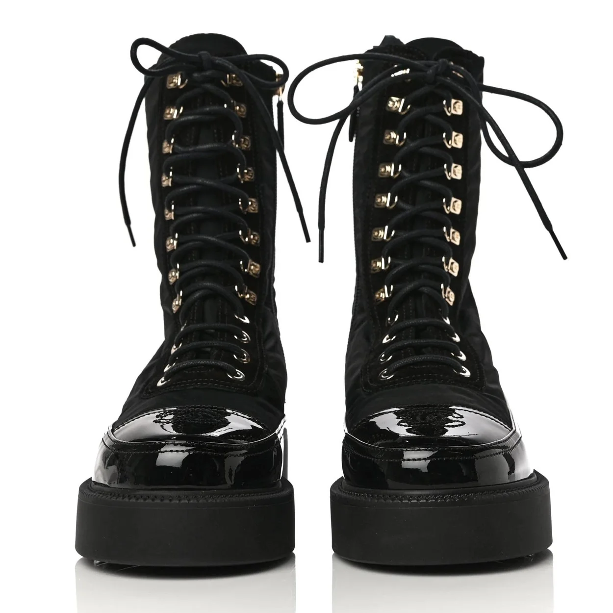 샤넬 레이스업 나일론 스웨이드 페이턴트 카프스킨 부츠