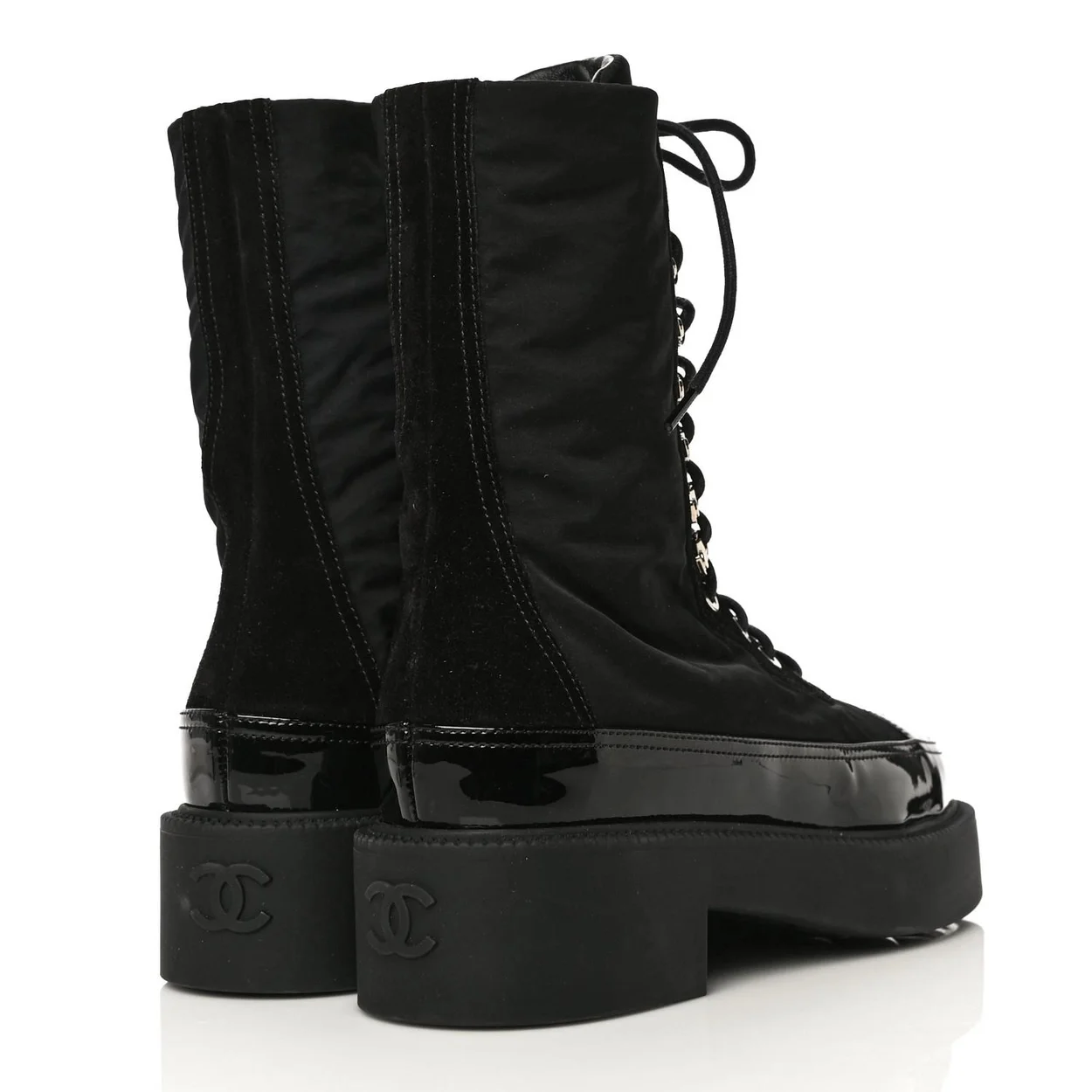 샤넬 레이스업 나일론 스웨이드 페이턴트 카프스킨 부츠