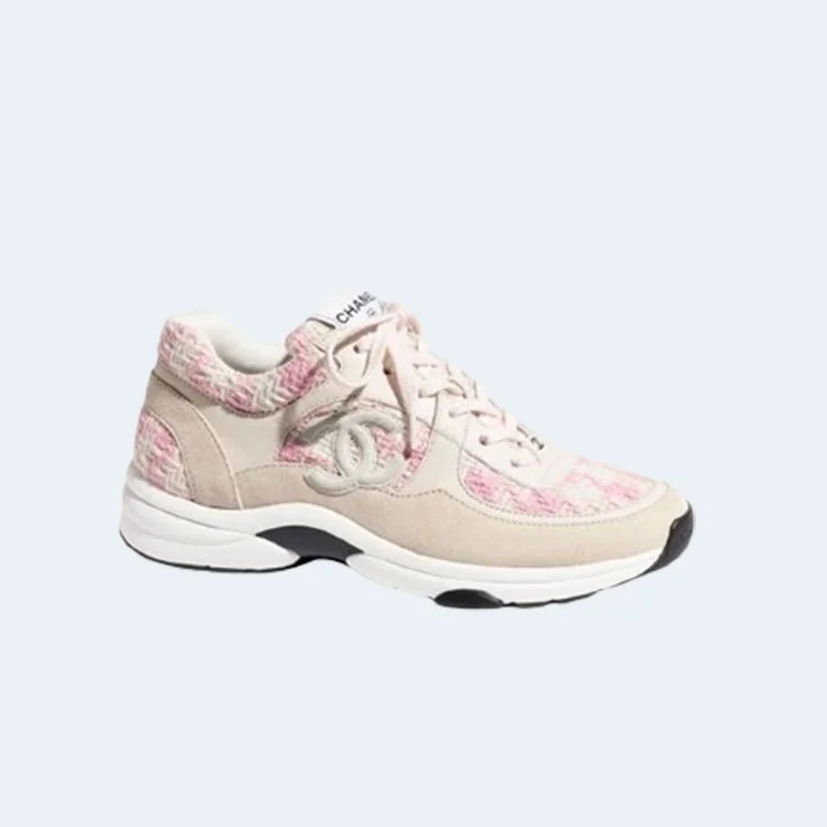 샤넬 CC 로고 트위드 스니커즈 핑크