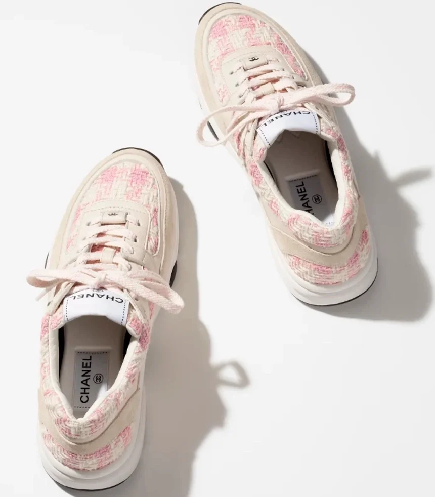 샤넬 CC 로고 트위드 스니커즈 핑크