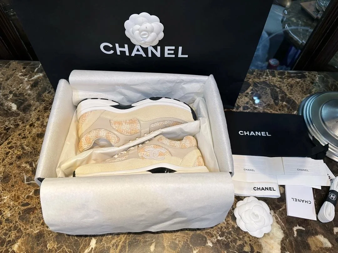 샤넬 CC 로고 트위드 스니커즈 오렌지