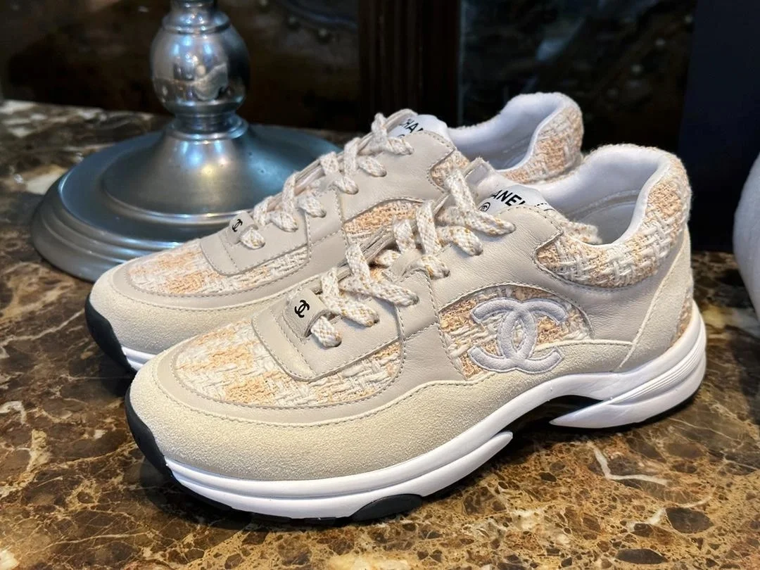 샤넬 CC 로고 트위드 스니커즈 오렌지