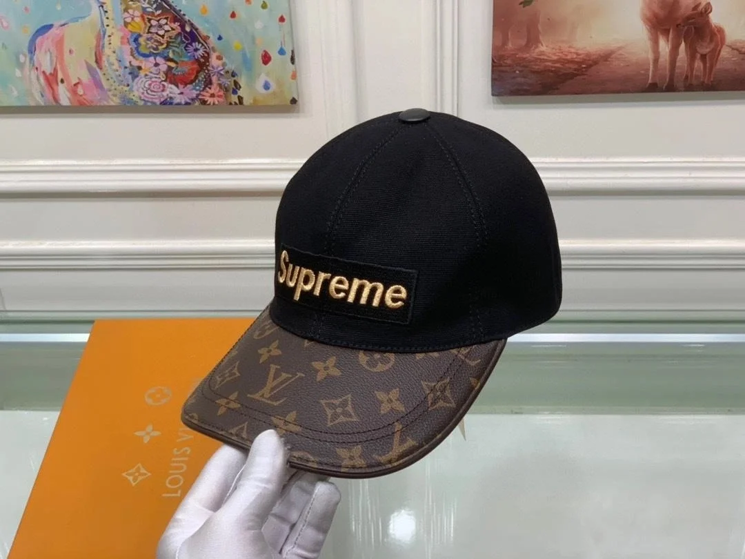 루이비통 x 슈프림 블랙 로고 베이스볼 캡