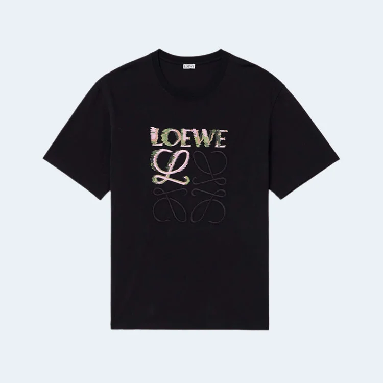 로에베 로고 자수 코튼 저지 티셔츠 블랙