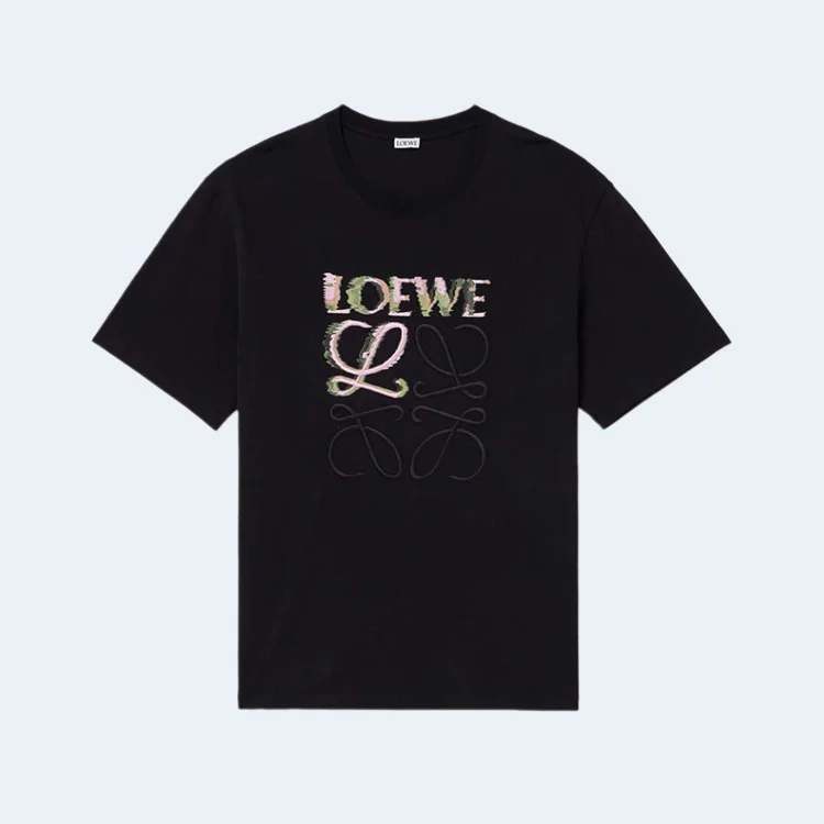 로에베 로고 자수 코튼 저지 티셔츠 블랙