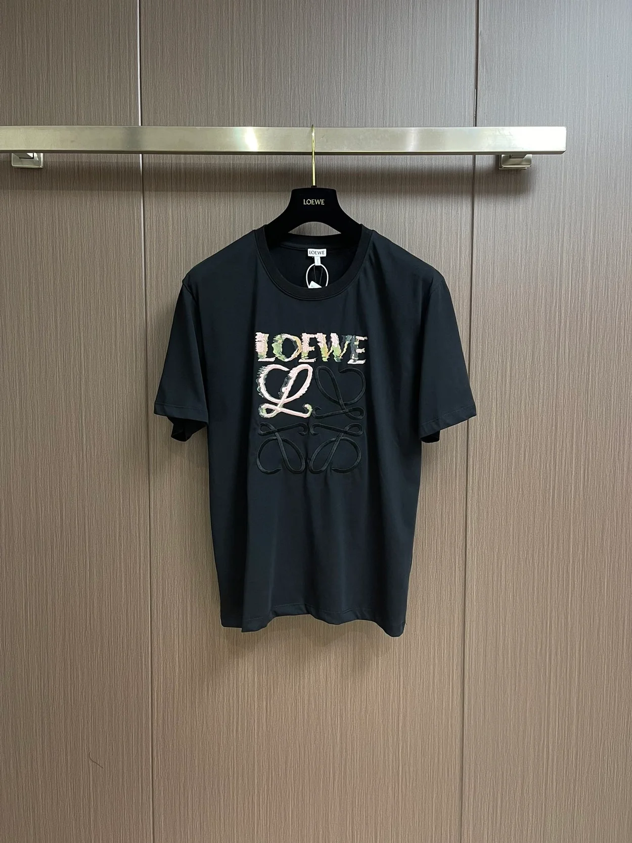 로에베 로고 자수 코튼 저지 티셔츠 블랙