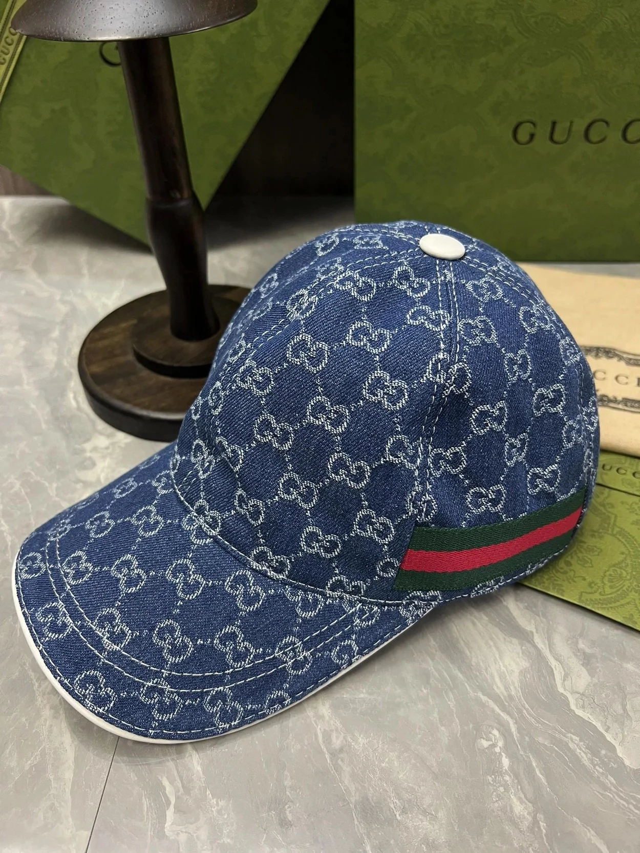구찌 GG 자카드 웨빙 블루 코튼 베이스볼 캡