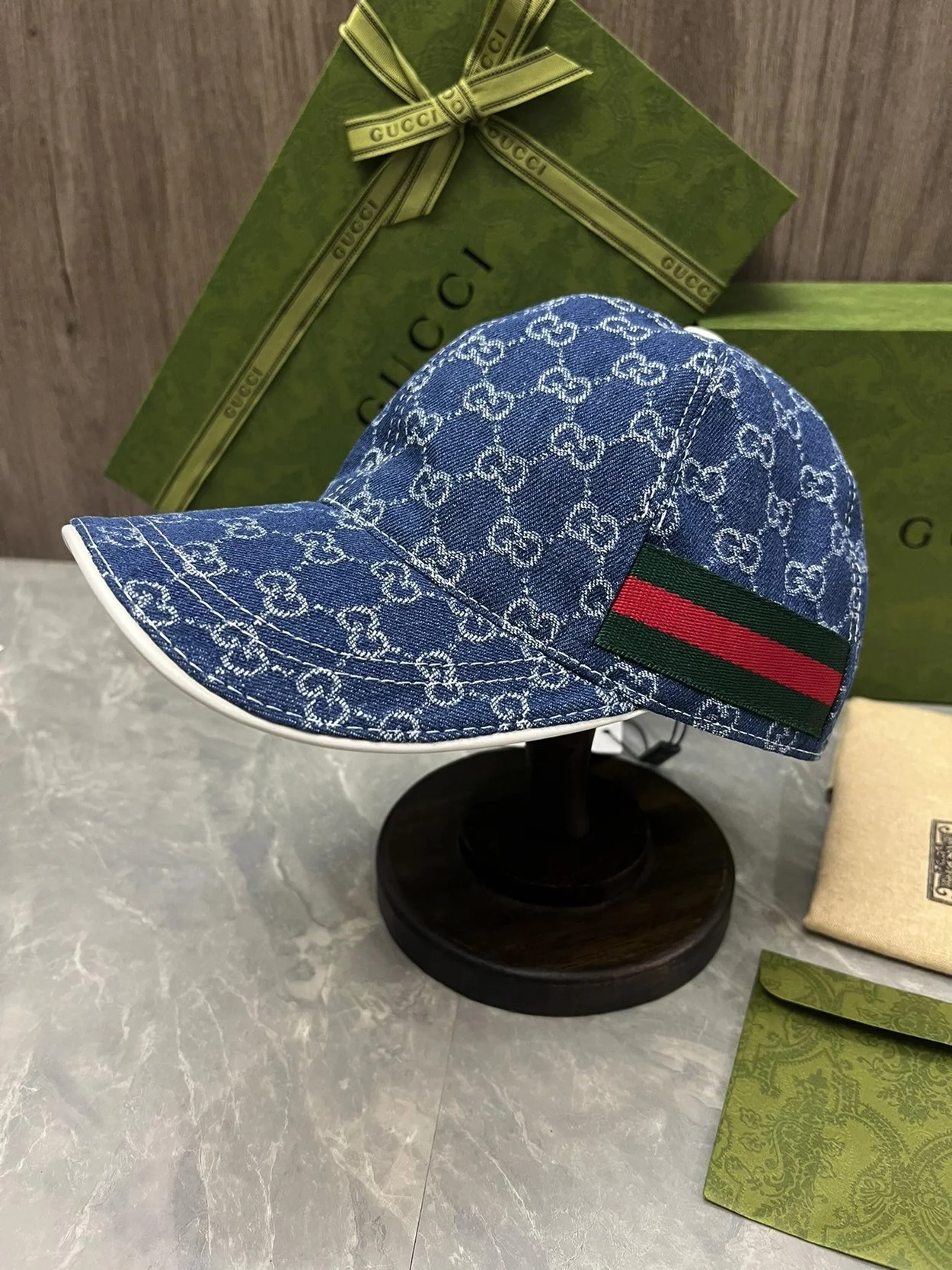 구찌 GG 자카드 웨빙 블루 코튼 베이스볼 캡
