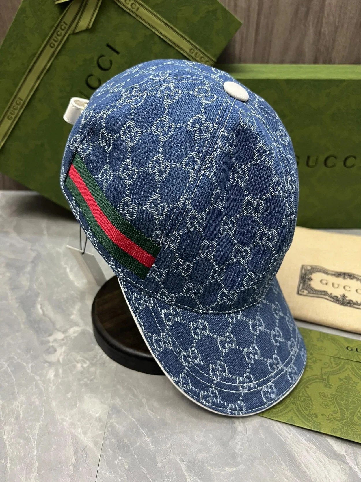 구찌 GG 자카드 웨빙 블루 코튼 베이스볼 캡