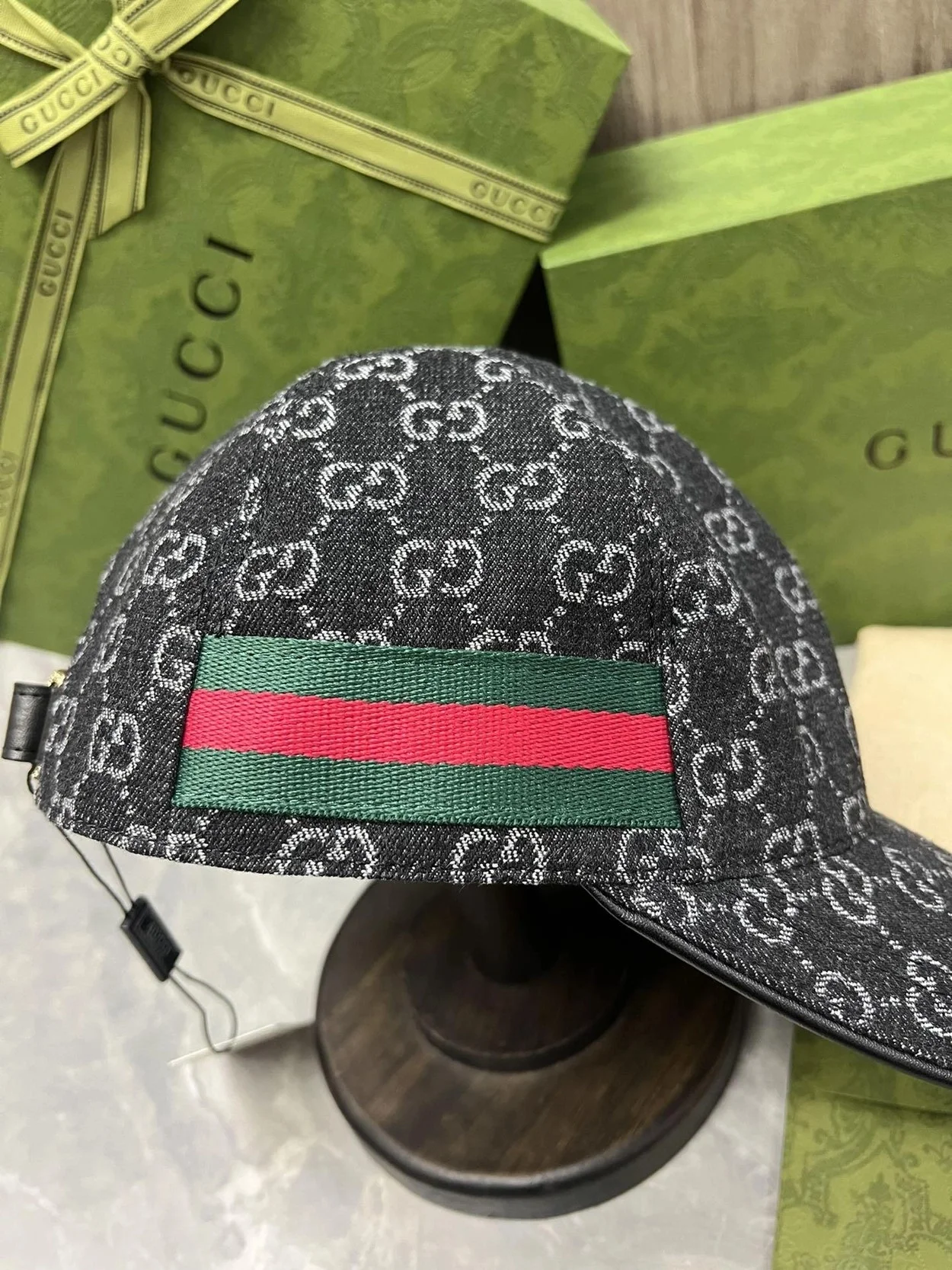 구찌 GG 자카드 웨빙 블랙 코튼 베이스볼 캡