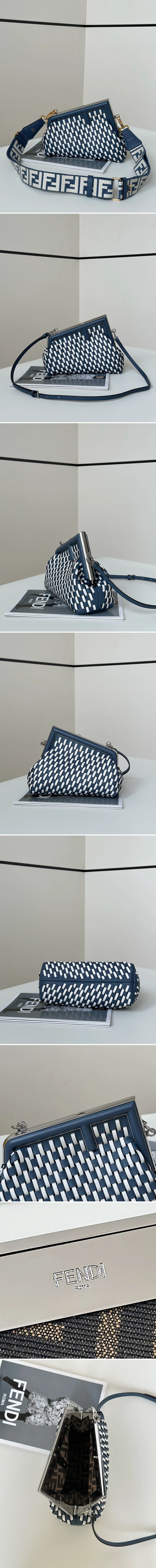 펜디 퍼스트 스몰 화이트 앤 블루 우븐 레더백