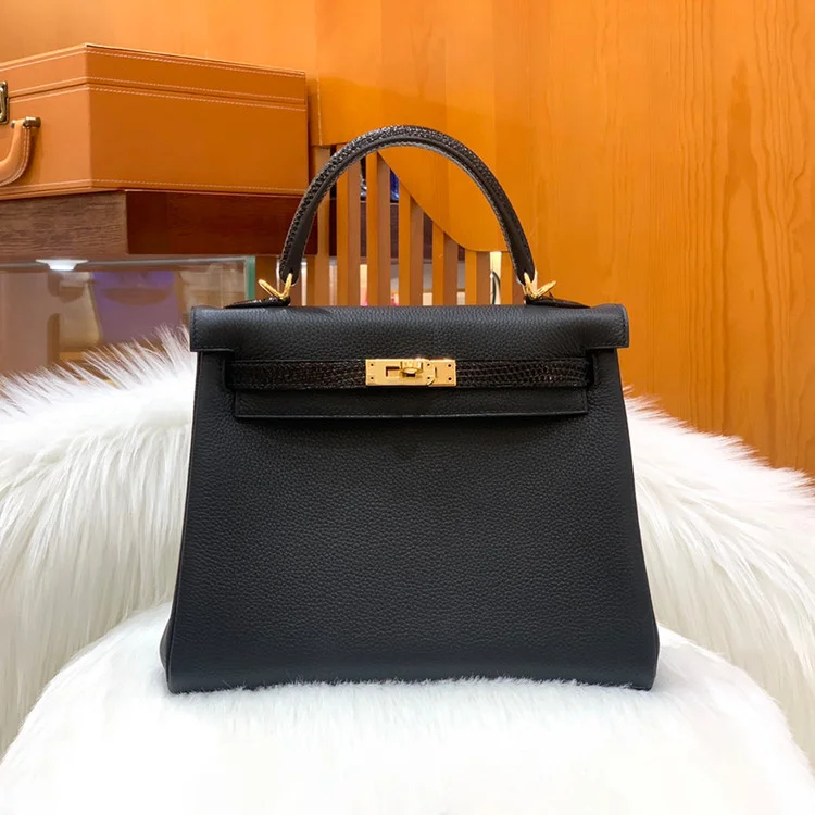 에르메스 켈리 25 르투르네 블랙 & 리자드 스트랩 골드 하드웨어 (100% HAND MADE)