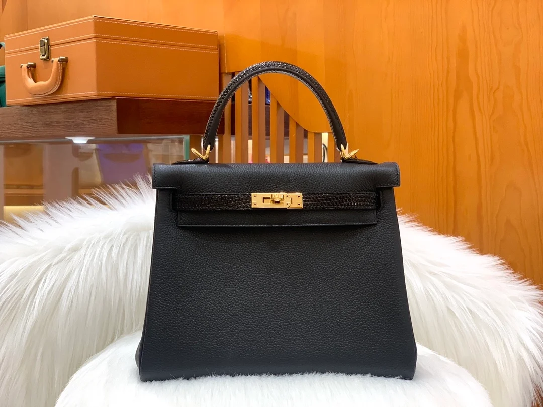 에르메스 켈리 25 르투르네 블랙 & 리자드 스트랩 골드 하드웨어 (100% HAND MADE)