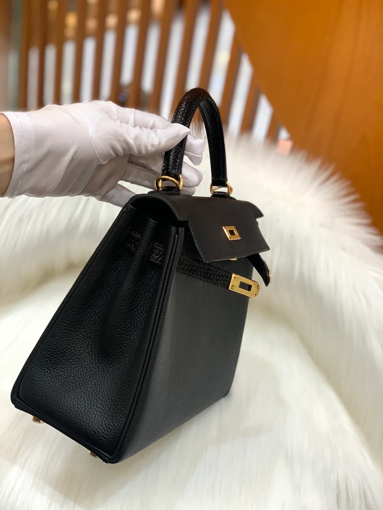 에르메스 켈리 25 르투르네 블랙 & 리자드 스트랩 골드 하드웨어 (100% HAND MADE)