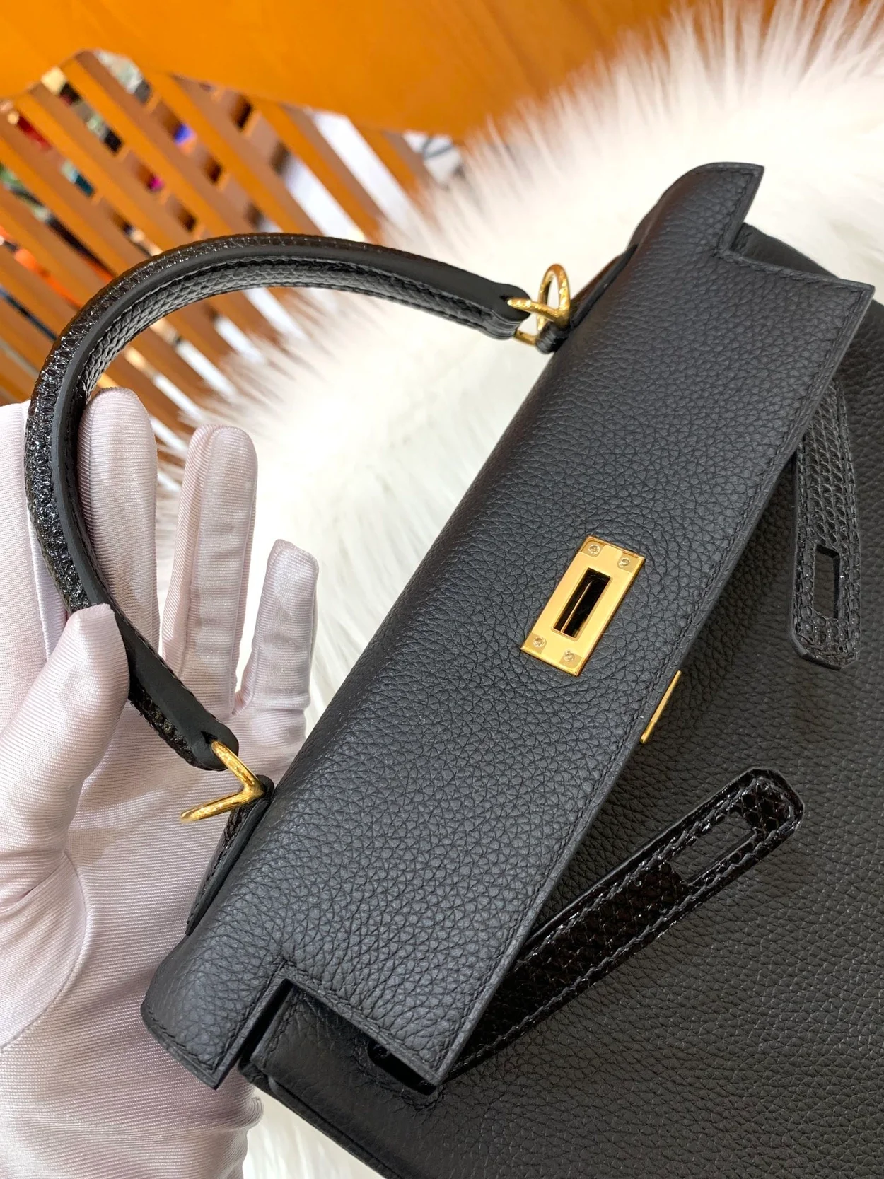 에르메스 켈리 25 르투르네 블랙 & 리자드 스트랩 골드 하드웨어 (100% HAND MADE)