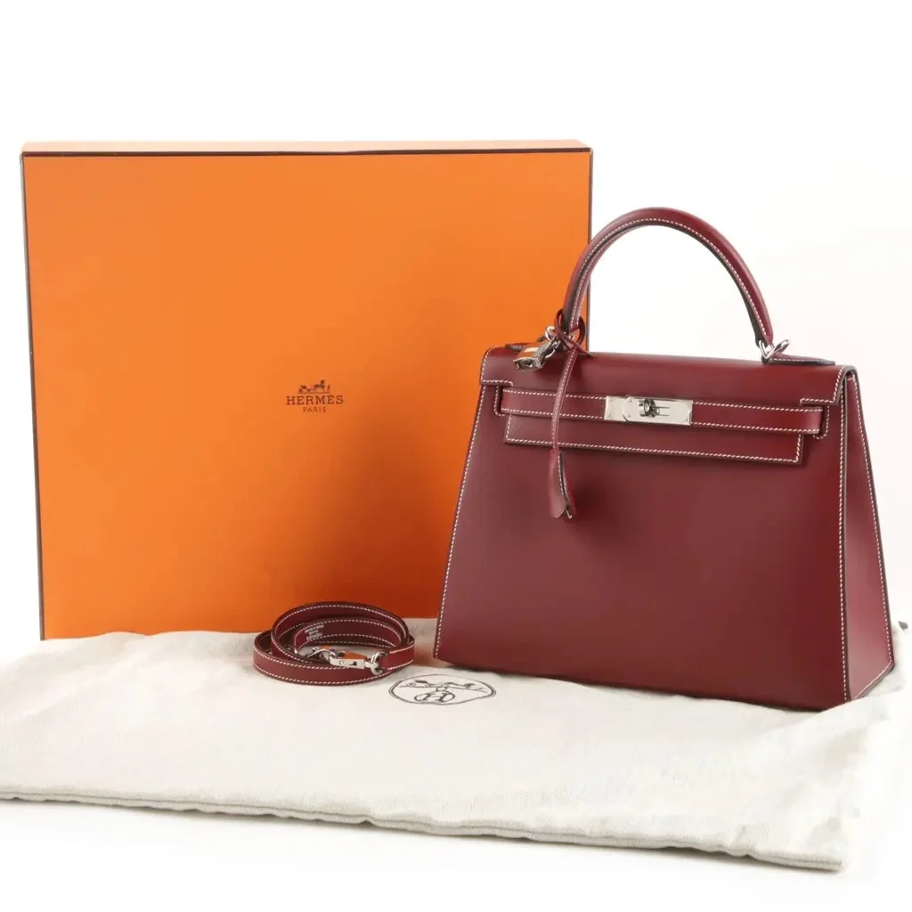 에르메스 켈리 25 셀리에 박스 브리드 레드 실버 하드웨어 (100% HAND MADE)