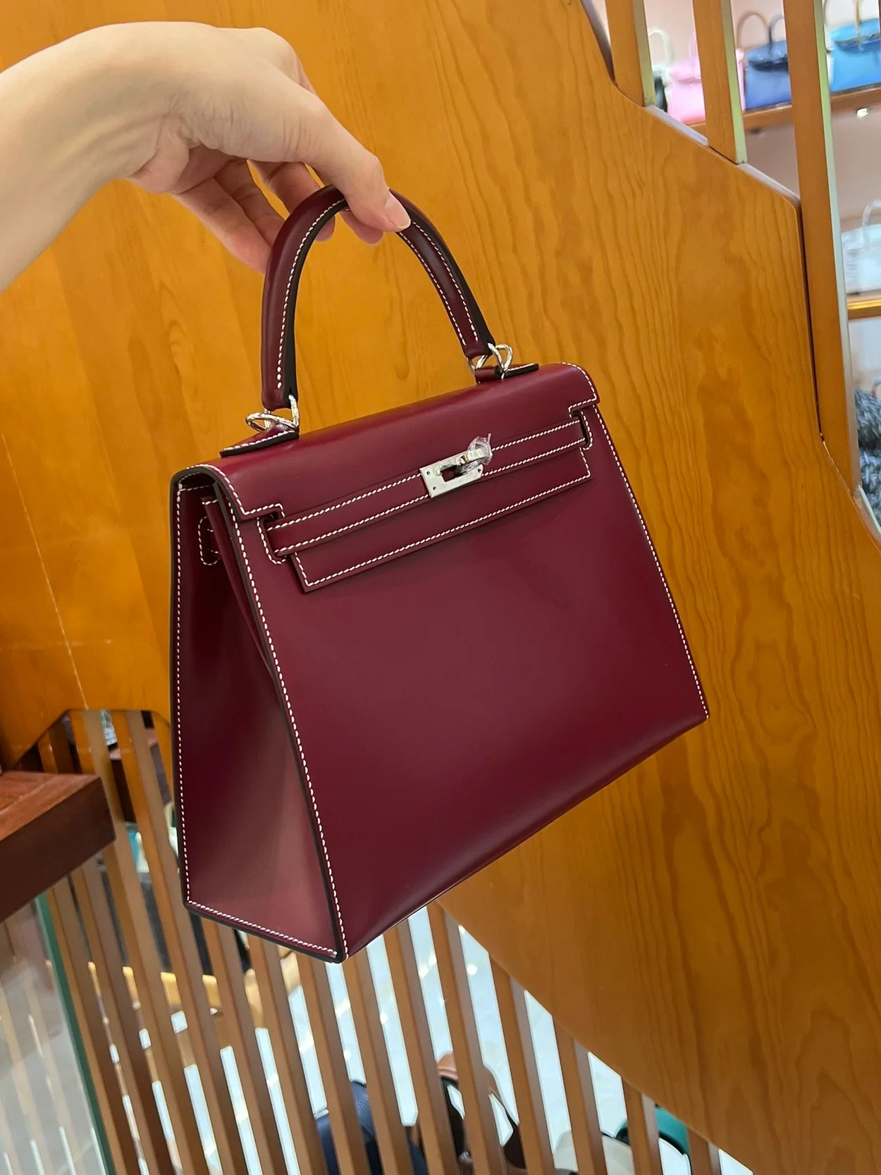 에르메스 켈리 25 셀리에 박스 브리드 레드 실버 하드웨어 (100% HAND MADE)