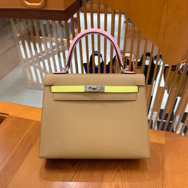 에르메스 켈리 25 셀리에 트리컬러 (라임/차이/모브) 실버 하드웨어 (100% HAND MADE)