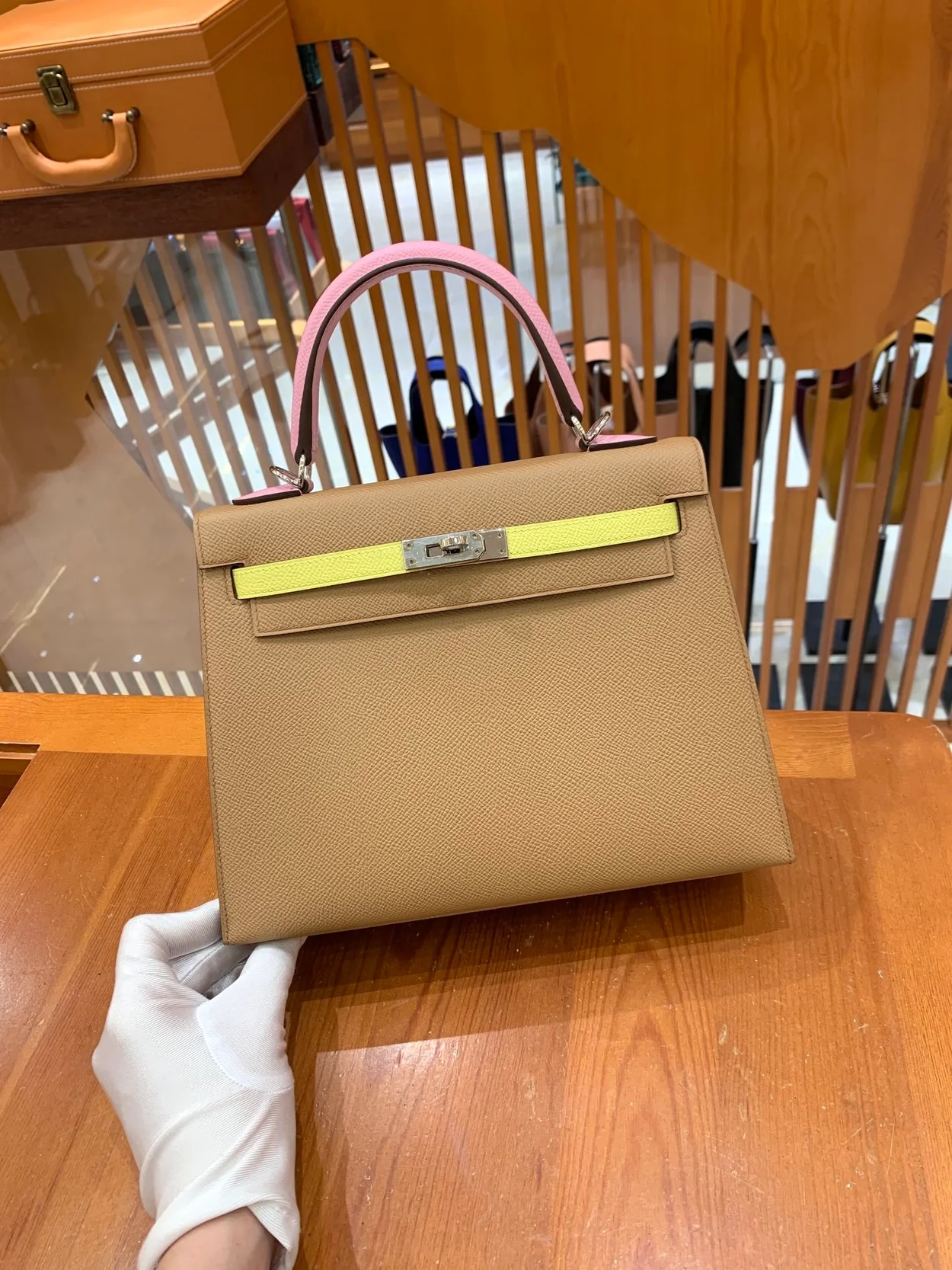 에르메스 켈리 25 셀리에 트리컬러 (라임/차이/모브) 실버 하드웨어 (100% HAND MADE)