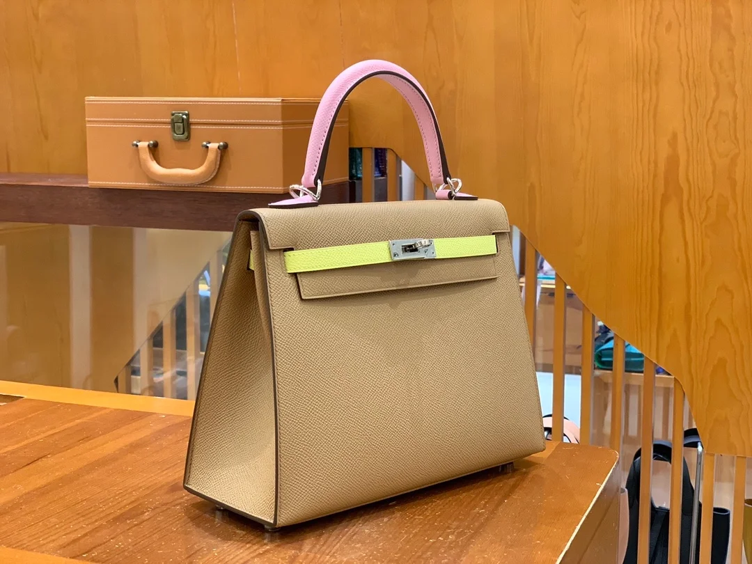 에르메스 켈리 25 셀리에 트리컬러 (라임/차이/모브) 실버 하드웨어 (100% HAND MADE)