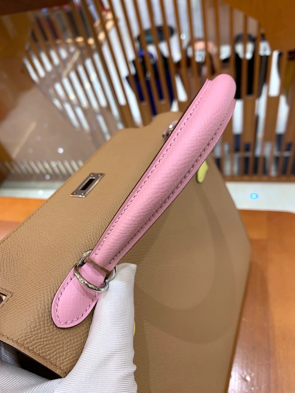 에르메스 켈리 25 셀리에 트리컬러 (라임/차이/모브) 실버 하드웨어 (100% HAND MADE)