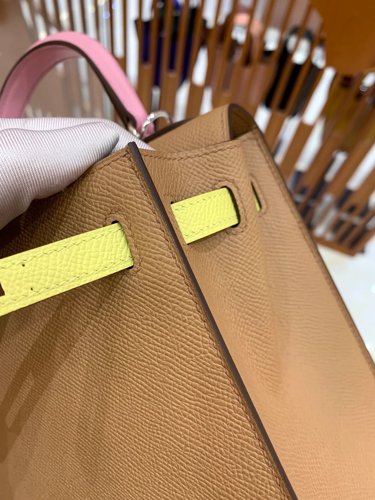 에르메스 켈리 25 셀리에 트리컬러 (라임/차이/모브) 실버 하드웨어 (100% HAND MADE)