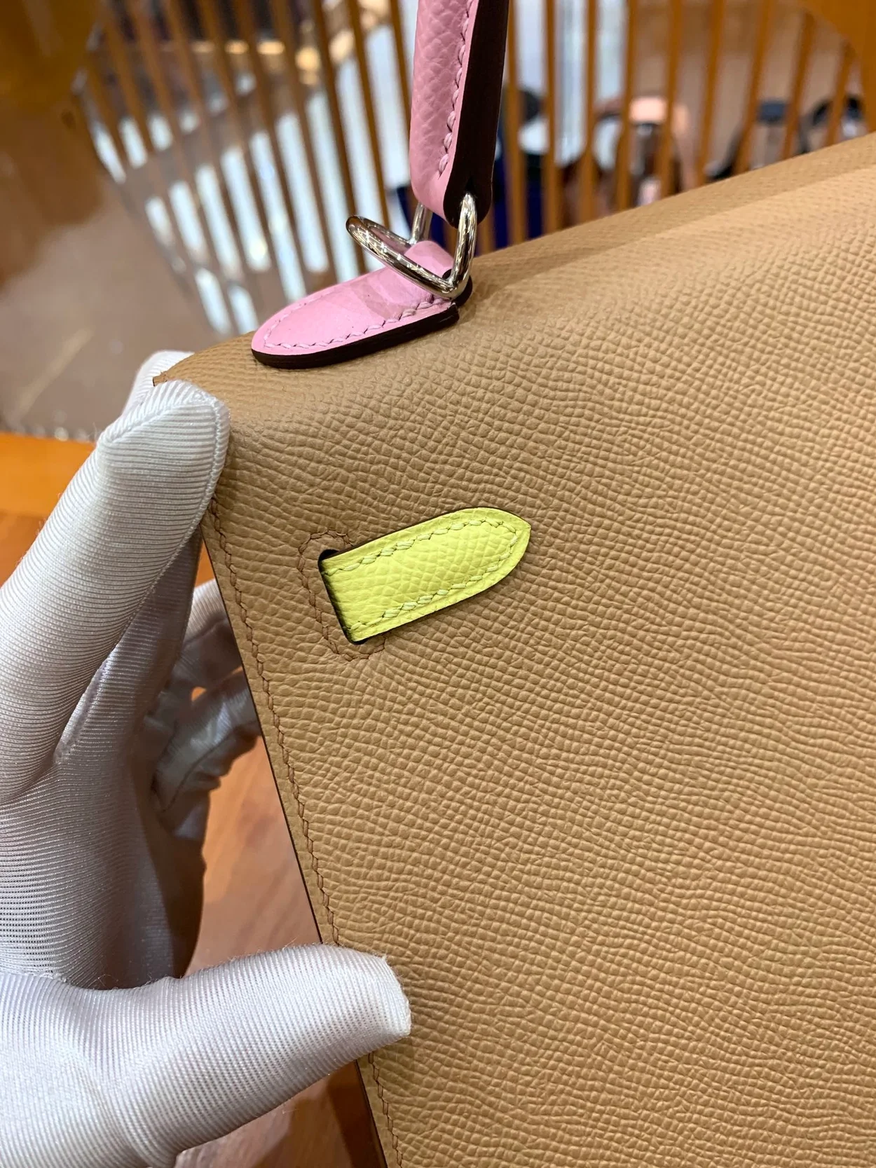 에르메스 켈리 25 셀리에 트리컬러 (라임/차이/모브) 실버 하드웨어 (100% HAND MADE)