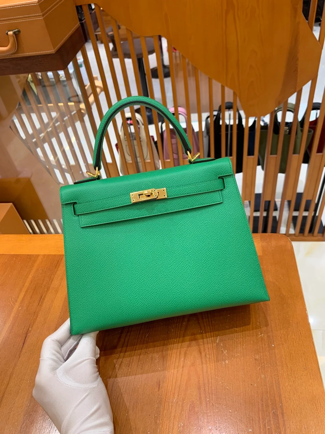 에르메스 켈리 25 셀리에 대나무 그린 골드 하드웨어 (100% HAND MADE)