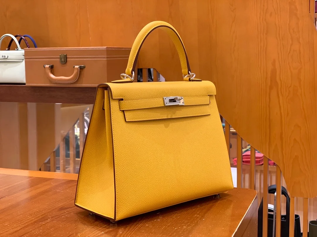 에르메스 켈리 25 셀리에 엠버 옐로우 실버 하드웨어 (100% HAND MADE)