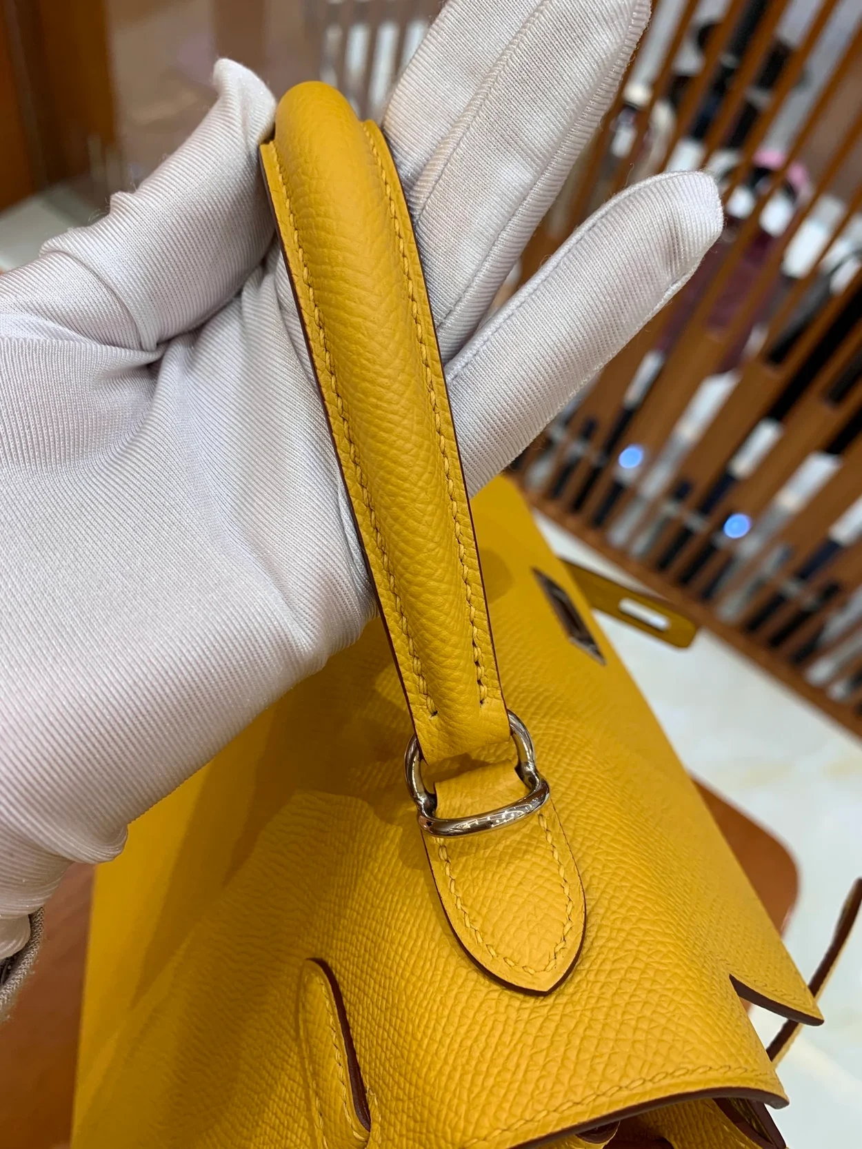 에르메스 켈리 25 셀리에 엠버 옐로우 실버 하드웨어 (100% HAND MADE)