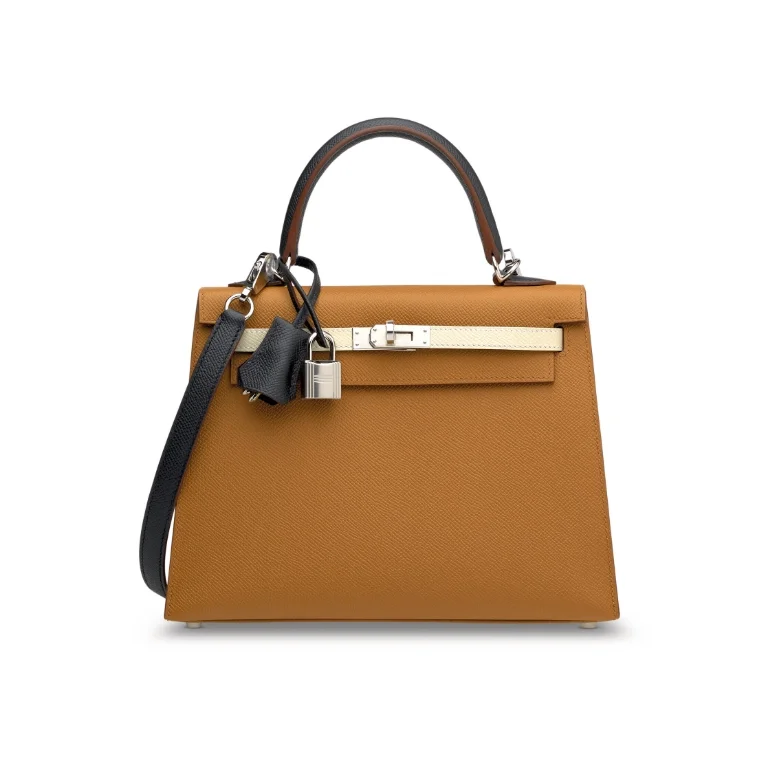 에르메스 켈리 25 셀리에 트리컬러 (골드브라운/크림화이트/사파이어블랙) 실버 하드웨어 (100% HAND MADE)