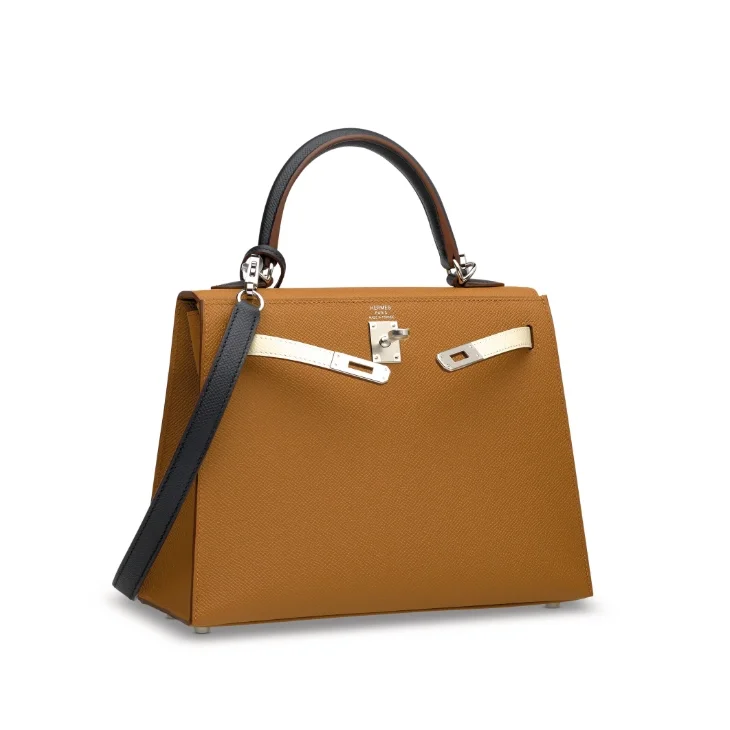 에르메스 켈리 25 셀리에 트리컬러 (골드브라운/크림화이트/사파이어블랙) 실버 하드웨어 (100% HAND MADE)