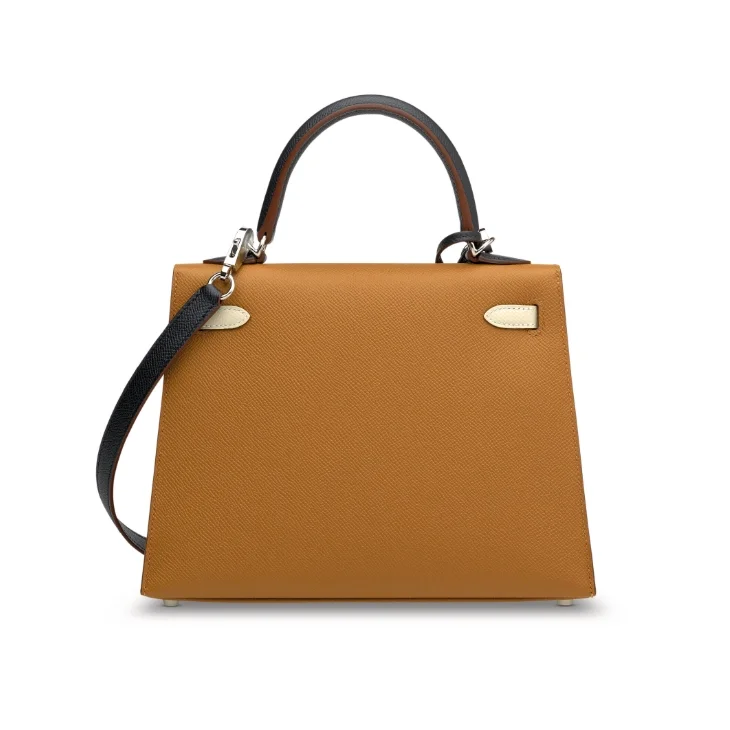 에르메스 켈리 25 셀리에 트리컬러 (골드브라운/크림화이트/사파이어블랙) 실버 하드웨어 (100% HAND MADE)