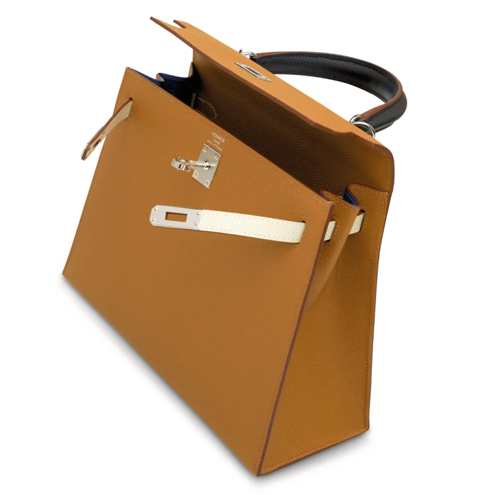 에르메스 켈리 25 셀리에 트리컬러 (골드브라운/크림화이트/사파이어블랙) 실버 하드웨어 (100% HAND MADE)