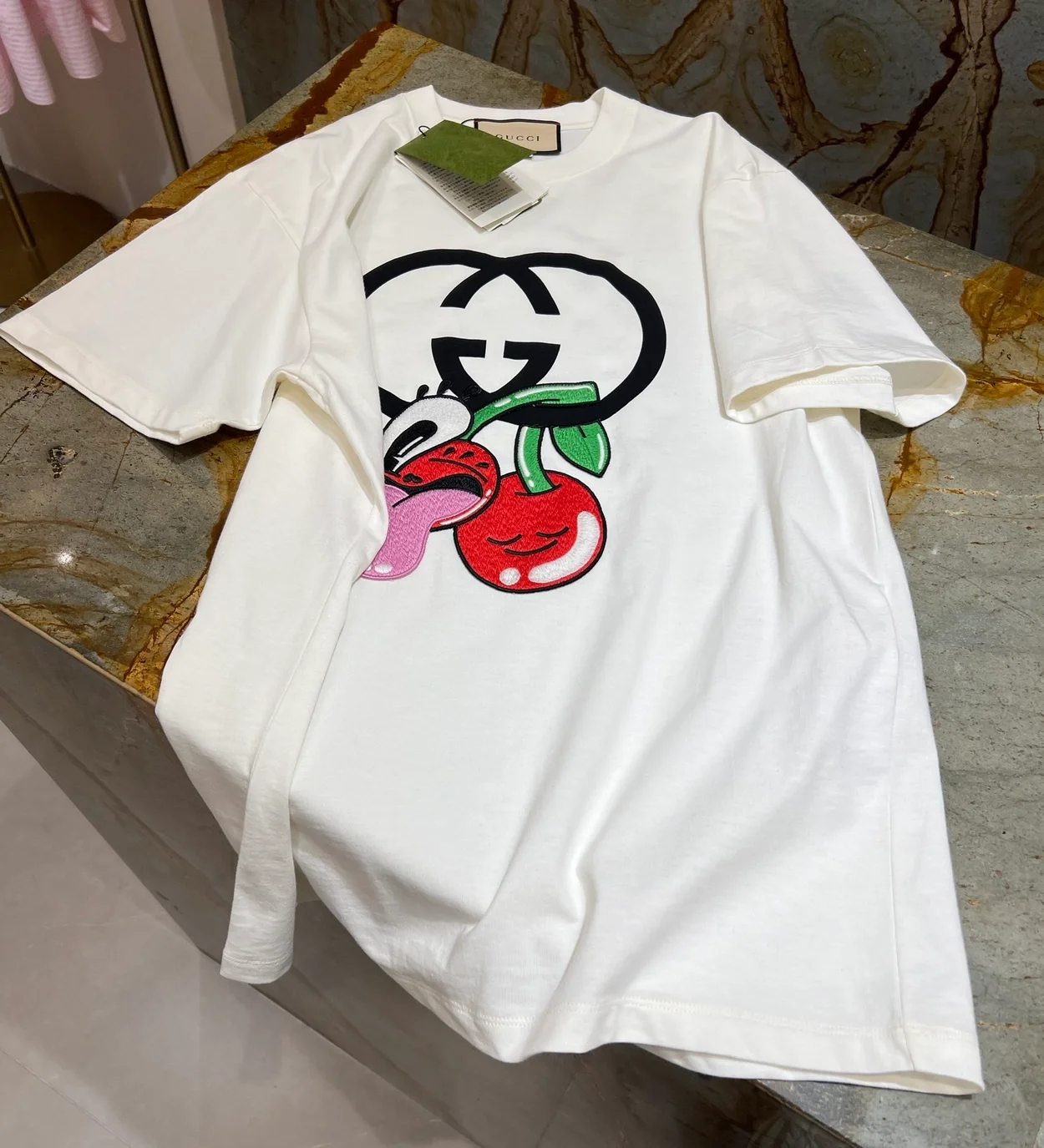 구찌 코튼 저지 체리 프린트 티셔츠 화이트