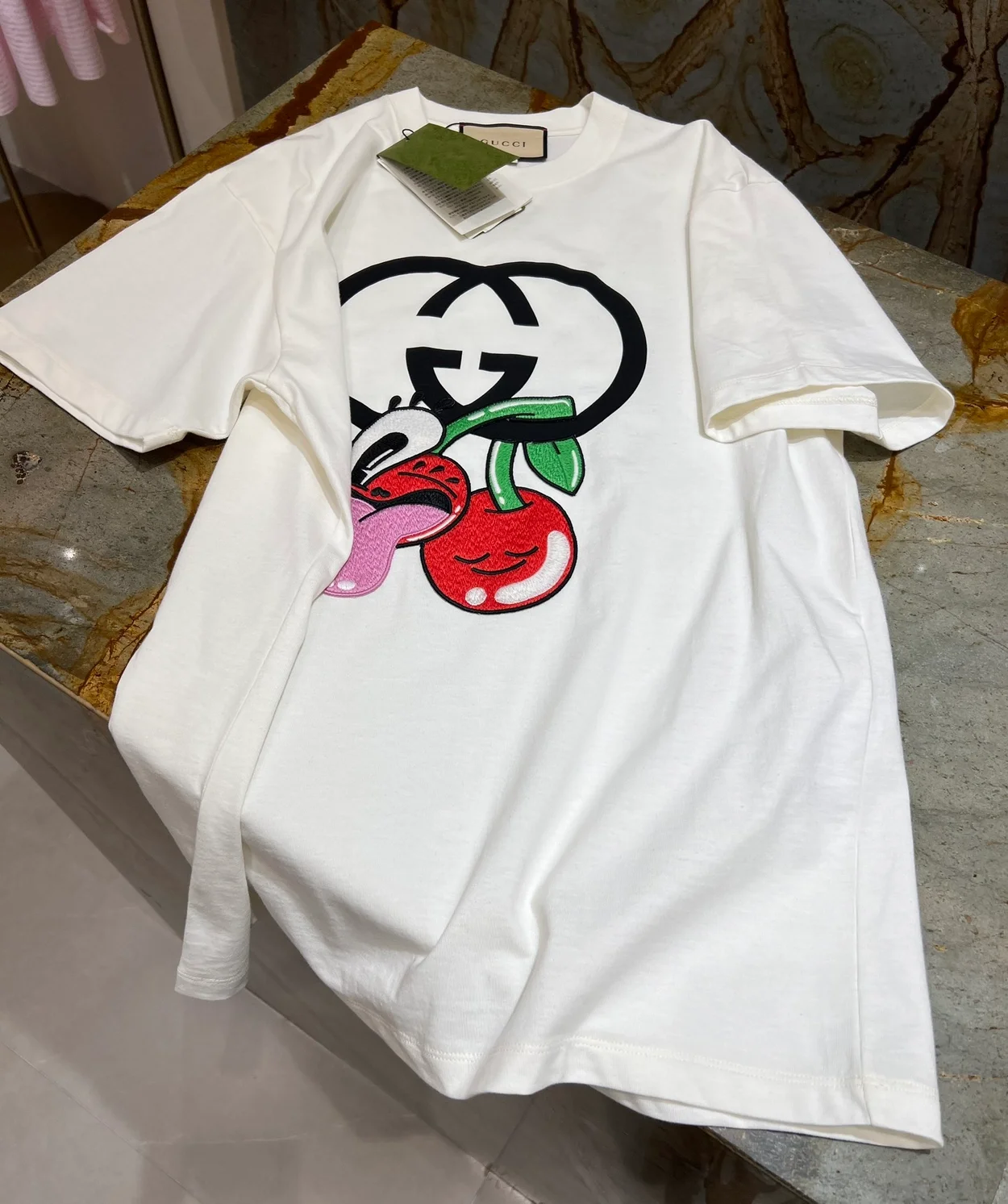 구찌 코튼 저지 체리 프린트 티셔츠 화이트