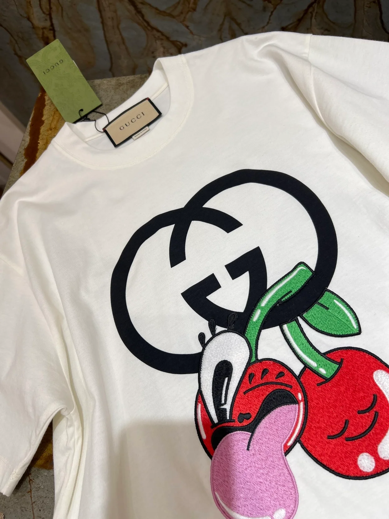 구찌 코튼 저지 체리 프린트 티셔츠 화이트